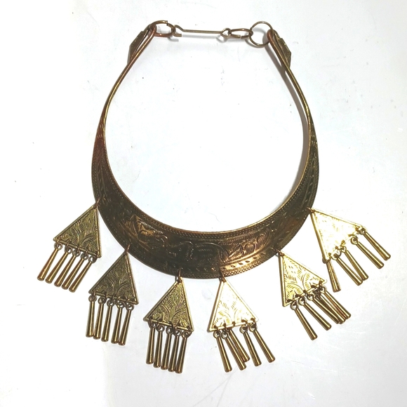 🐘 Antique Hmong Tribal Boho Etched Elephant Fringe Bib Collar Necklace - Picture 1 of 8